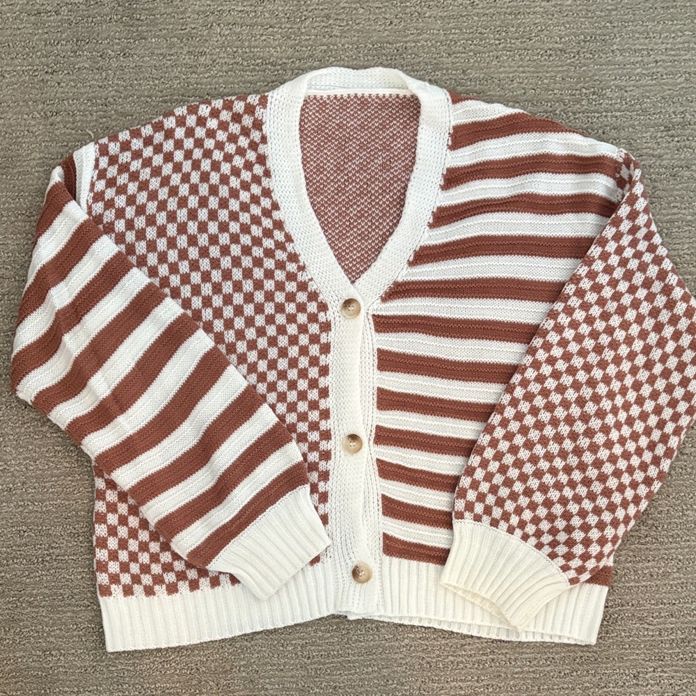 Womens Cream and Rust Striped & Check Knit Cardigan